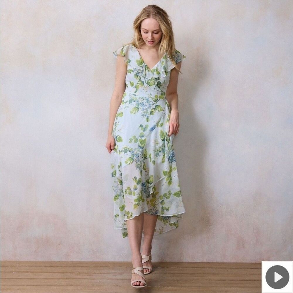NEW Lauren Conrad Floral Cream Blue Green Blush Ruffle Wrap Maxi Dress Size XXL - Picture 7 of 7